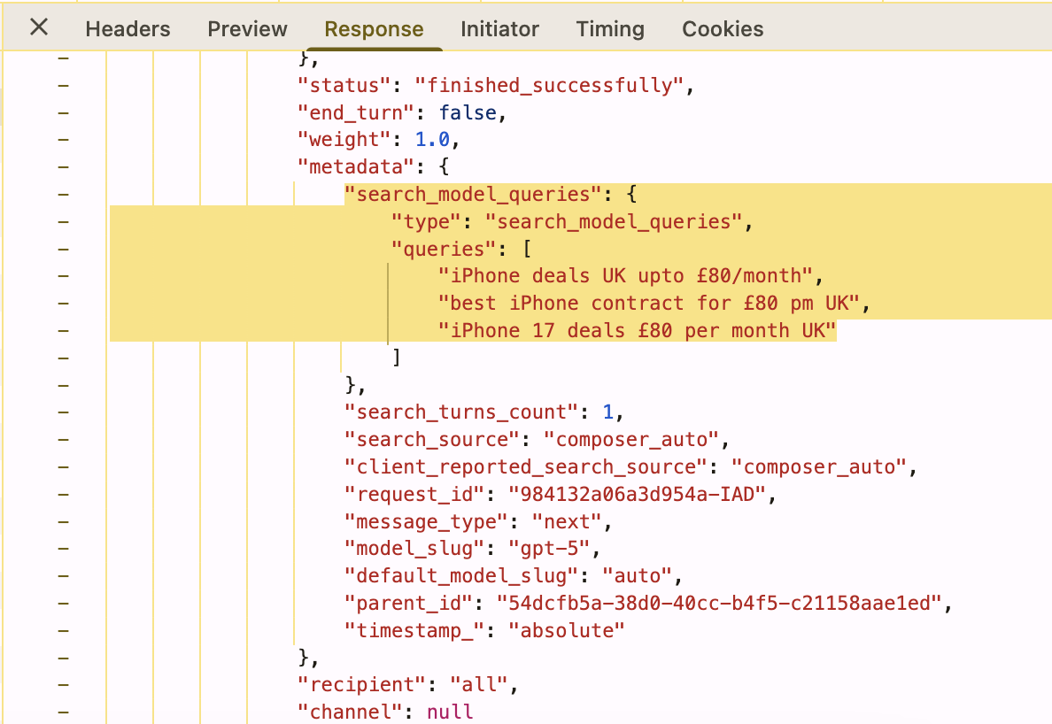 ChatGPT Search Model Queries highlighted in code
